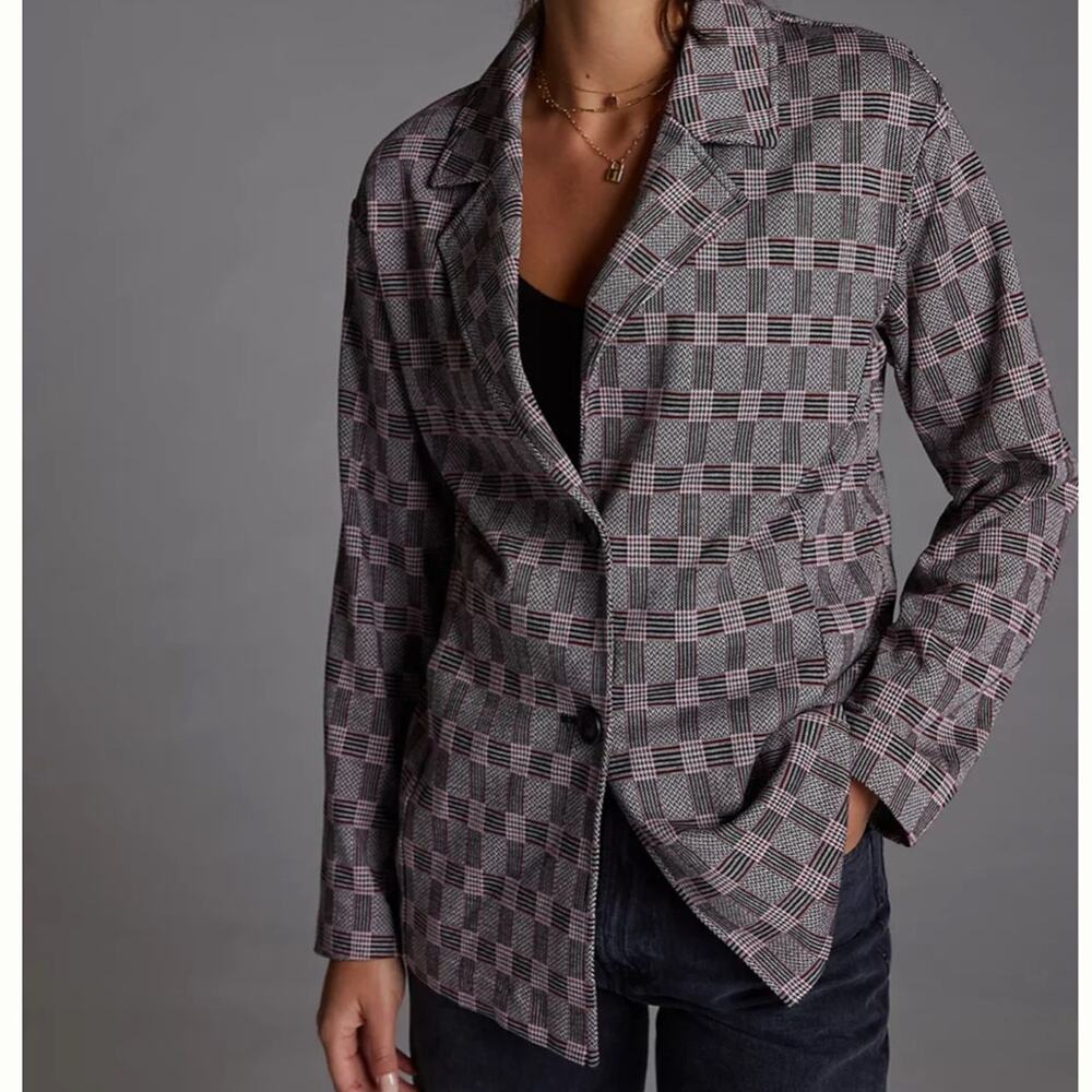 Anthropologie | AVEC LES FILLES Plaid Boyfriend Blazer Pink/Red/ Grey XS